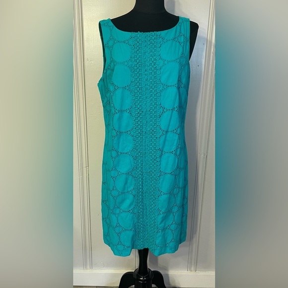 Eliza J Turquoise Blue Green Eyelet Sheath Dress Size 14 - Picture 1 of 9
